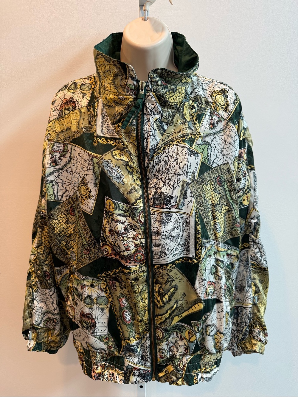 Vintage River Edge Green Map-Print Bomber Jacket Windbreaker Size M Gorpcore